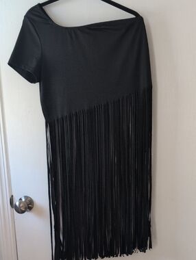 Black One-Shoulder Fringe Women's Top